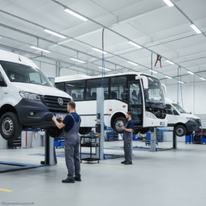 Serwis busów i samochodów dostawczych: 3 pojazdy na podnośnikach, 2 mechaników.