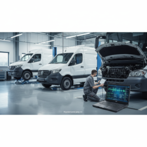 Mechanik diagnozuje busa Mercedes-Benz Sprinter laptopem i tabletem w warsztacie.