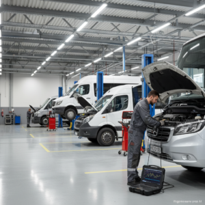 Mechanik sprawdza silnik busa w serwisie; obok inne auta dostawcze na podnośnikach.