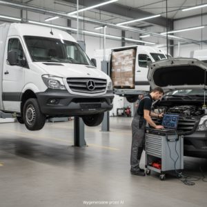 Mechanik diagnozuje busa Mercedes-Benz Sprinter z otwartą maską silnika w serwisie.