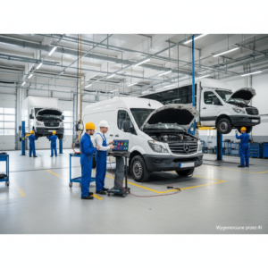 Serwis busów: mechanicy diagnozują samochody dostawcze w warsztacie.