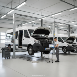 Mechanik diagnozuje auto dostawcze na podnosniku, otwarte maski silnikow, serwis floty.