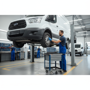 Mechanik w warsztacie samochodowym naprawia busa Ford Transit podniesionego na podnośniku.